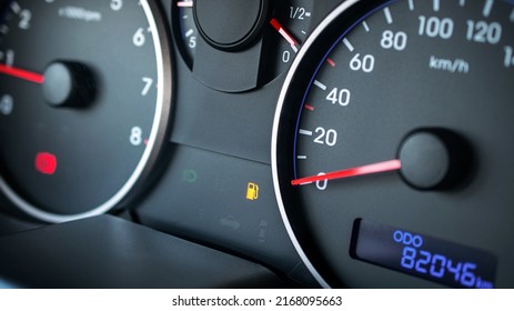 Gas Gauge Fuel Empty. Petrol Tank Meter Car Indicator On Dashboard. Low Gasoline Level. Fuel Gauge Gas