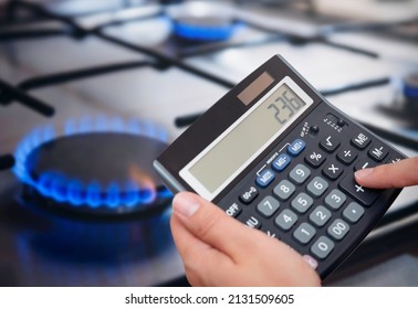 Gas kitchen stove cook with blue flames burning. Panel from steel with a gas. Electricity bill calculation - Shutterstock ID 2131509605