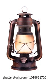 Gas lantern with burning light, isolated on a white background. An antique vintage lamp. Hipster accessory. Camping light. Interior decoration.  Rusty, covered with patina. Metal case, smoked frosted  - Shutterstock ID 1018981720