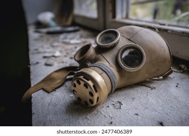 Gas mask in bandoned Radioecology Laboratory in former fish farm in Chernobyl Exclusion Zone, Ukraine