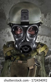 Gas Mask Soldier Looking At Camera