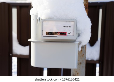 The Gas Meter Is Covered With Snow And Frost. Frozen Outdoor Gas Meter.