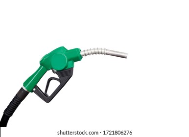 Gas nozzle with one last drop. Green gasoline nozzle on a white background. Refill and filling Oil Gas Fuel on white background. Gas station - refueling. To fill the machine with fuel. 