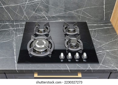 Gas Only Black Cooktop Stove at Marble Kitchen Counter