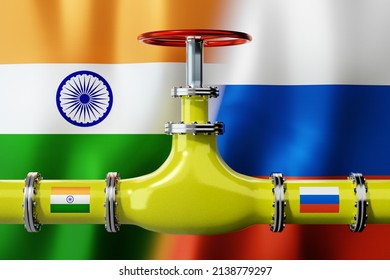 Gas Pipeline, Flags Of India And Russia - 3D Illustration