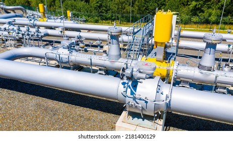 Gas pipeline Gazelle. One part of Nord Stream pipeline from Russia to European Union. High pressure pipes on a hot summer day. - Shutterstock ID 2181400129