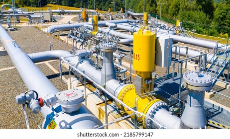 Gas pipeline Gazelle. One part of Nord Stream pipeline from Russia to European Union. High pressure pipes on a hot summer day. - Shutterstock ID 2185799147