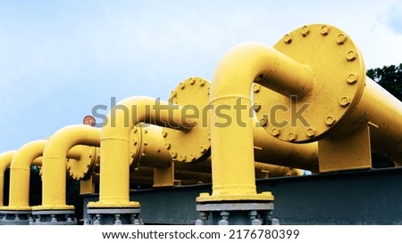 Gas pipeline oil industry. Yellow gas pipe power technology. Fuel energy equipment. Gas industry, oil transport system.
