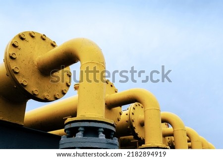 Gas pipeline oil industry. Yellow gas pipe power technology. Fuel energy equipment. Gas industry, oil transport system