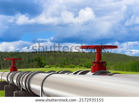 Gas pipeline outdoor. Propane gas pipes. Steel pipeline in open air. Metal pipes on concrete supports. Long gas pipeline next to forest. Supplying city with propane concept. 