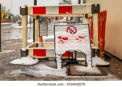 Gas Pipeline Repair Sign Under Winter Snow In England Uk.