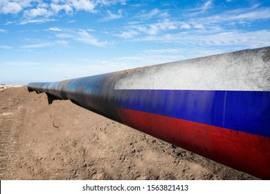 Gas Pipeline With Russian Flag. Concept Of Natural Gas Distribution Through Pipes With Russian Flag On It.