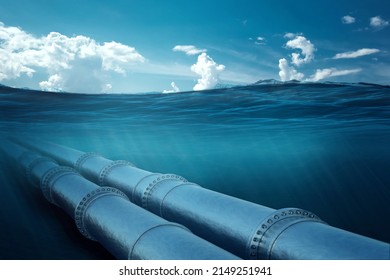 Gas pipeline under water, metal pipes at the bottom of the sea. The concept of oil pipeline, gas pipeline, gas transportation. copy space