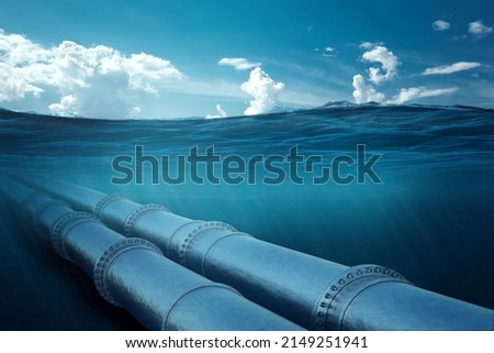 Gas pipeline under water, metal pipes at the bottom of the sea. The concept of oil pipeline, gas pipeline, gas transportation. copy space
