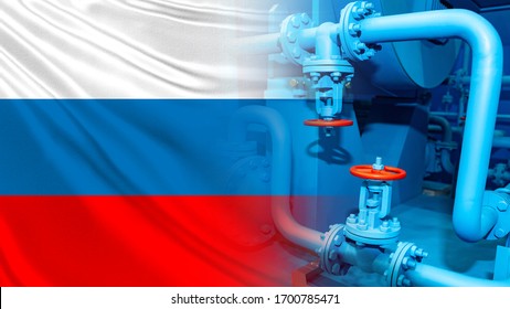 Gas Pipes Next To The Russian Flag. Pipeline As A Symbol Of The Gas Industry. Concept Is The Purchase Of Russian Gas. Export Of Natural Resources From Russia. Fragment Of A Pipeline Close-up.