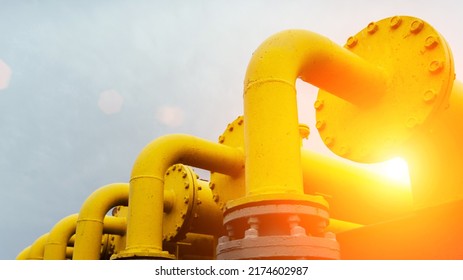 Gas pipes oil energy. Yellow gas pipeline energy equipment. Fuel power technology. Safety valve in gas pipe industry - Shutterstock ID 2174602987