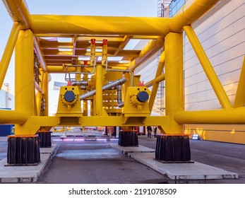 Gas Pipes Yellow Color. Gasification Pipeline Outside. Gasification Industrial Enterprise. Boiler Station Of Gas Processing Factory. Gas Pipes With Many Connections. Compressor Station For Production