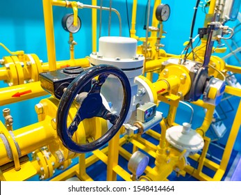 Gas Pipes. Yellow Gas Knot. Gas Supplies To Europe. Sanctions. Gasification Of An Industrial Factory. Crane On The Yellow Pipes. Own Boiler Room At The Enterprise. Import Of Natural Resources.