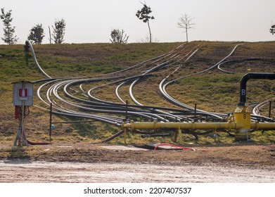 Gas Production And Distribution Pipes. Gas Pipeline And Methane Pipeline In View.