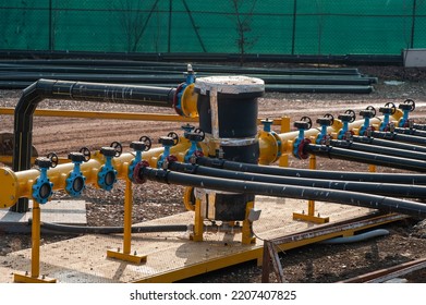 Gas Production And Distribution Pipes. Gas Pipeline And Methane Pipeline In View.