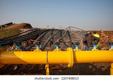 Gas Production And Distribution Pipes. Gas Pipeline And Methane Pipeline In View.