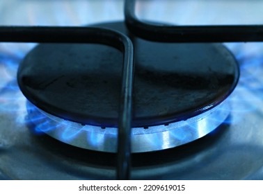 Gas Ring With Blue Flame At Home With No People Stock Photo