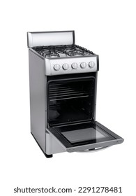 Gas stainless steel stove with 4 stove burners and oven door open  - Shutterstock ID 2291278481
