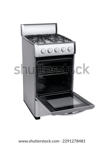 Gas stainless steel stove with 4 stove burners and oven door open 