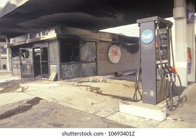 Gas Station Burned Out During 1992 Riots, South Central Los Angeles, California