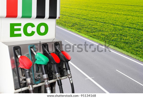 Gas station and\
highway. Bio fuel concept.