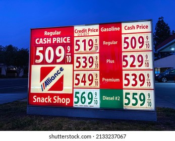 Gas station price sign. The average gasoline price in California surpassed 5 dollars per gallon. - San Jose, California, USA - March 7, 2022