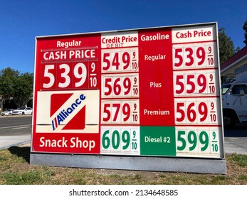 Gas Station Price Sign. The Average Gasoline Price In California Exceeded 5 Dollars Per Gallon - San Jose, California, USA - March 11, 2022