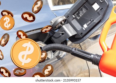 Gas Station, Refueling A Car For Dollars With Gasoline Or Diesel. Rising Prices For Fossil Fuels. Impact On The Family Budget. Exorbitantly High Oil And Energy Prices.