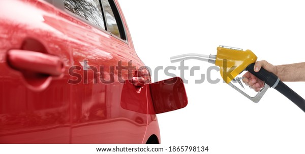 Gas station worker with fuel\
nozzle near car on white background, closeup. Banner\
design