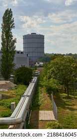 Gas Tank With Pipe In Europe. Landscape On Sunny Summer Day. Contribution To Scarce Gas Stocks And High Prices. Stuttgart, Gaisburg.