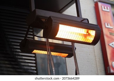 Gas Terrace Heater Or Radiant Heater Under The High Roof Of A Public Café. Inefficient And Climate-damaging Waste Of Heating Energy, Climate Killer.