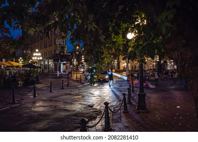 Gas Town In Vancouver, BC Canada - August 26, 2021, Night View Of Gas Town After Rain.