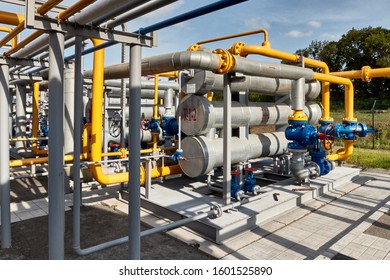 Gas Transport System. Gas Pipeline. Gas Pipes, Stop Valves And Appliances For Gas Pumping Station