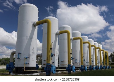 Gas transportation system. Booster pumping station for gas. filling station and gas tanks. Transportation around the world. Oil and gas sector. turbines.