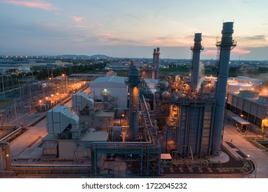 Gas Turbine Electrical Power Plant During Sunset And Twilight Time