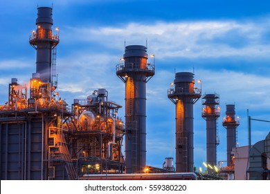 Gas Turbine Electrical Power Plant At Dusk With Blue Hour.