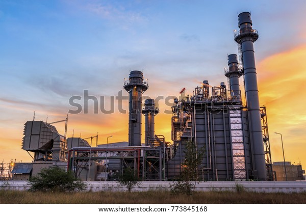 Gas turbine\
electrical power plant at dusk with twilight is support all factory\
in Amata nakorn Industrial\
Estate