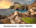 Gasadalur village and Beautiful waterfall, Vagar, Faroe Islands, Denmark.