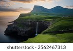 Gasadalur Village and Mulafossur Waterfall in the Faroe Islands