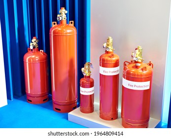 Gaseous fire suppression modules storage containers with shut-off device and valve - Shutterstock ID 1964809414