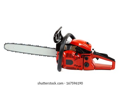 Gasoline Chain Saw Isolated On A White Background.