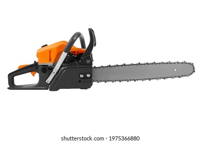 Gasoline Chainsaw Isolated On White Background. Garden Power Tool - Chain Saw.
