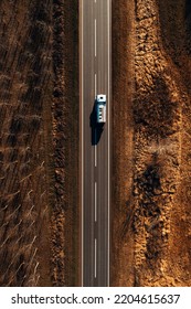 Gasoline Fuel Tank Truck On The Road From Above, Drone Pov Aerial Photography