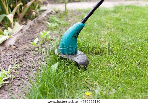 Gasoline lawn trimmer mows juicy\
green grass on a lawn on a sunny summer day. Garden\
equipment
