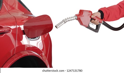 Gasoline Pistol Pump Gun Fuel Nozzle And Car On Gas Station